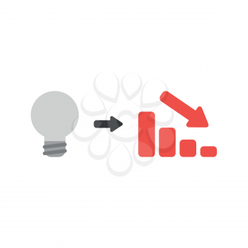 Flat design vector illustration concept of grey light bulb idea with red sales bar chart symbol icon moving down on white background.