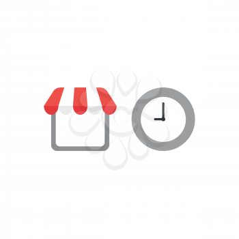 Flat design vector illustration concept of shop or store symbol icon with red and white awning and grey clock time on white background.