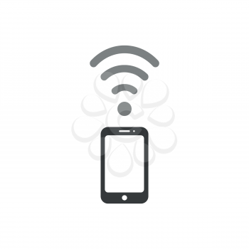Flat design vector illustration concept of use smartphone as modem, black smartphone with grey wifi wireless symbol icon on white background.