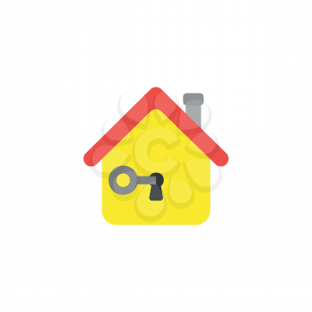 Flat design vector illustration concept of grey key unlock or lock black keyhole in yellow house symbol icon on white backgrounnd.