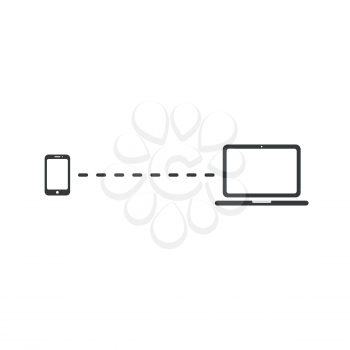 Flat design vector illustration concept of connection between smartphone and laptop computer symbol icons on white background.