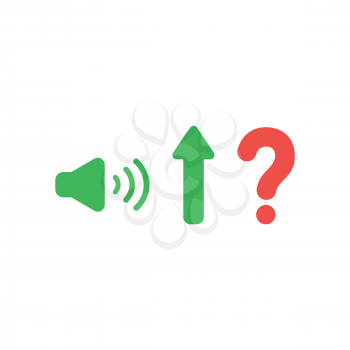 Flat design vector illustration concept of high speaker sound, loud voice, arrow moving up and red question mark symbol icon on white background.