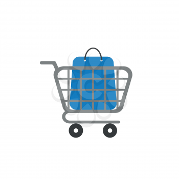 Flat design vector illustration concept of blue shopping bag inside grey shopping cart symbol icon on white background.