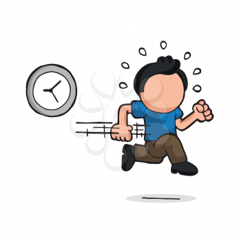 Vector hand-drawn cartoon illustration of man running late with clock.