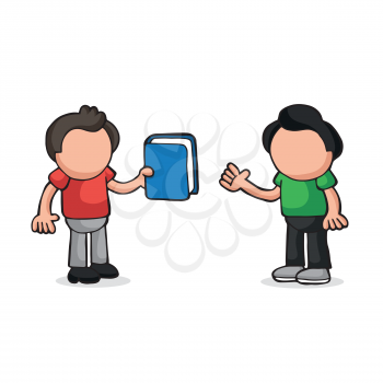 Vector hand-drawn cartoon illustration of man giving book to another man.
