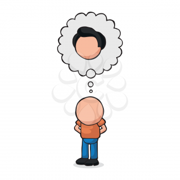 Vector hand-drawn cartoon illustration of bald man standing imagine with thought bubble of hair.