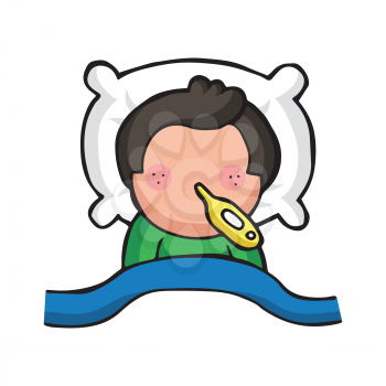 Vector hand-drawn cartoon illustration of man lying in bed sick with flu with thermometer.