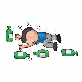 Vector hand-drawn cartoon illustration of drunk man lying on floor with empty beer bottles.