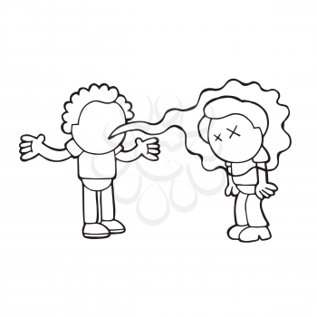 Vector hand-drawn cartoon illustration of with bad breath talking to another man.