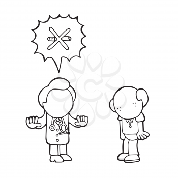 Vector hand-drawn cartoon illustration of doctor telling old patient to quit smoking cigarette.