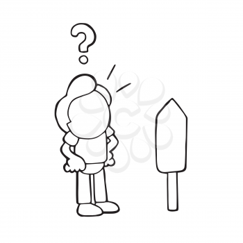 Vector hand-drawn cartoon illustration of confused man standing front of road sign.