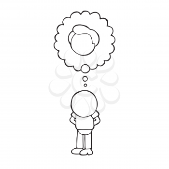 Vector hand-drawn cartoon illustration of bald man standing imagine with thought bubble of hair.