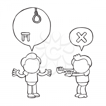 Vector hand-drawn cartoon illustration of men with speech bubble arguing on death by hanging sentence.