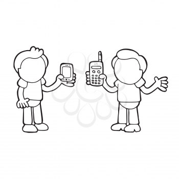 Vector hand-drawn cartoon illustration of two men show their new and old phones each other.