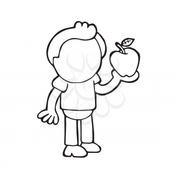 Vector hand-drawn cartoon illustration of man standing holding red apple.