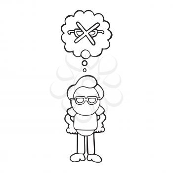 Vector hand-drawn cartoon illustration of man standing dreaming of perfect vision thought bubble.