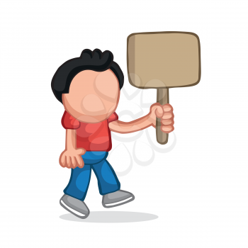 Vector hand-drawn cartoon illustration of man walking holding blank placard.