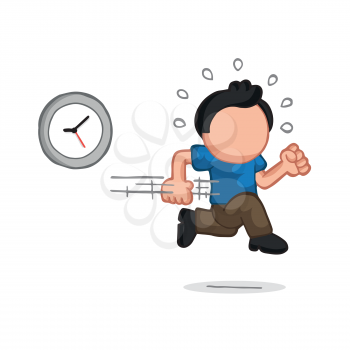 Vector hand-drawn cartoon illustration of man running late with clock.