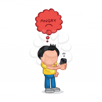 Vector hand-drawn cartoon illustration of man standing holding smartphone with angry thought bubble for bad wifi signal.