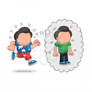 Vector hand-drawn cartoon illustration of running man dreaming of losing weight thought bubble.