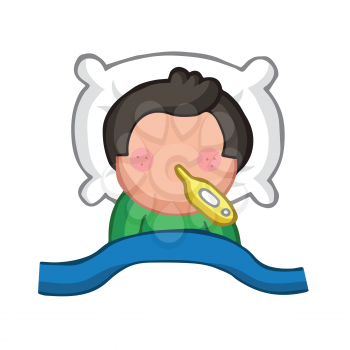 Vector hand-drawn cartoon illustration of man lying in bed sick with flu with thermometer.
