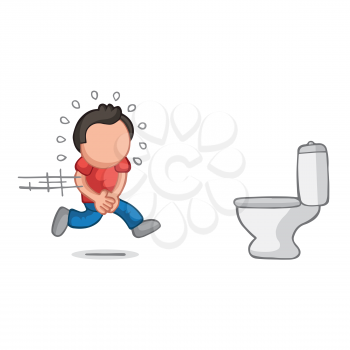 Vector hand-drawn cartoon illustration of man running to pee on toilet bowl.