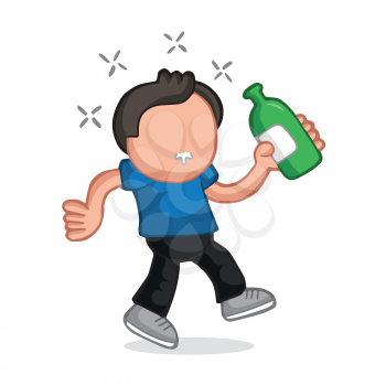 Vector hand-drawn cartoon illustration of drunk man walking holding bottle of beer.