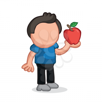 Vector hand-drawn cartoon illustration of man standing holding red apple.