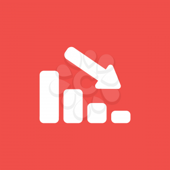 Flat vector icon concept of sales bar graph moving down on red background.