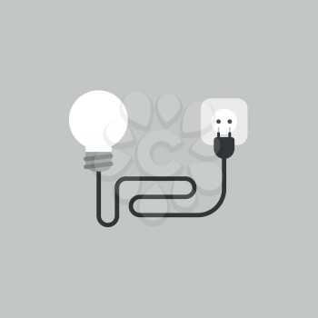 Flat vector icon concept of ligh bulb with cable, plug and outlet on grey background.