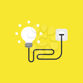 Flat vector icon concept of glowing ligh bulb with cable, plugged into outlet on yellow background.