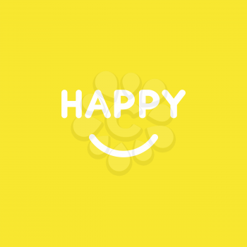 Flat vector icon concept of happy word with smiling mouth on yellow background.
