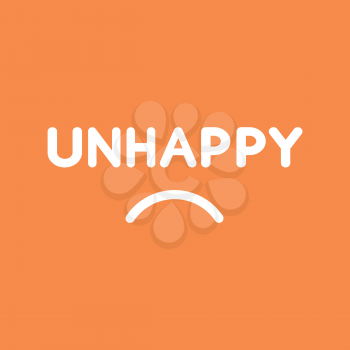 Flat vector icon concept of unhappy word with sulking mouth on orange background.