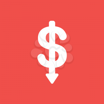 Flat vector icon concept of dollar symbol with arrow moving down on red background.