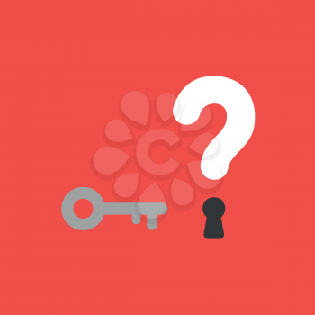 Flat vector icon concept of key and question mark with keyhole on red background.