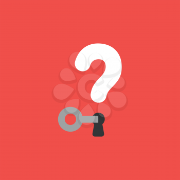 Flat vector icon concept of key unlock question mark with keyhole on red background.