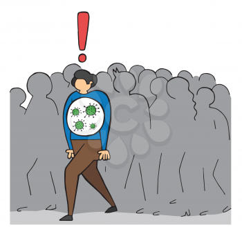 Hand drawn vector illustration of Wuhan corona virus, covid-19. The infected man is walking in the crowd.