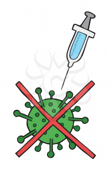 Hand drawn vector illustration of Wuhan corona virus, covid-19. Stop virus with syringe. 