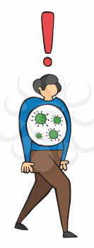 Hand drawn vector illustration of Wuhan corona virus, covid-19. The infected man is walking. 
