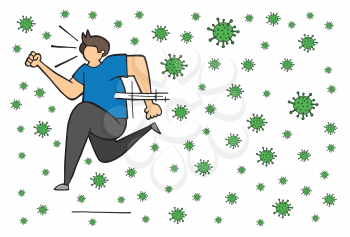 Hand drawn vector illustration of Wuhan corona virus, covid-19. Man running away from viruses.