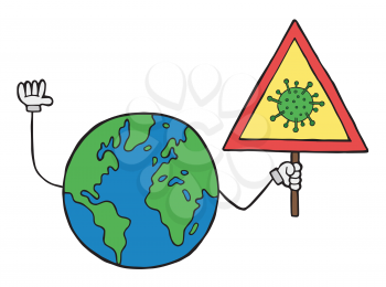 Hand drawn vector illustration of Wuhan corona virus, covid-19. World globe holding danger sign. 