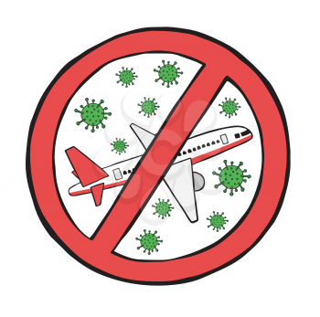 Hand drawn vector illustration of Wuhan corona virus, covid-19. Travel restrictions and bans. 