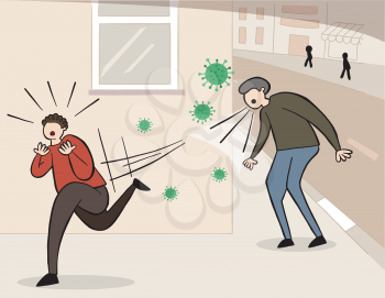 Hand drawn vector illustration of Wuhan corona virus, covid-19. Man sneezing or coughing in the street and other man scared and running away.