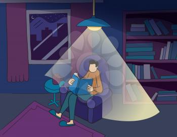 Hand drawn vector illustration man reading a book in his home.