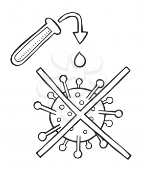 Hand drawn vector illustration of Wuhan corona virus, covid-19. Medicine and the disappearance of the virus. White background and black outlines.