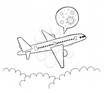 Hand drawn vector illustration of Wuhan corona virus, covid-19. Travel by plane and travel of infected patients. White background and black outlines.
