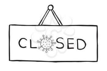 Hand drawn vector illustration of Wuhan corona virus, covid-19. Closed sign with virus. White background and black outlines.