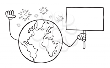Hand drawn vector illustration of Wuhan corona virus, covid-19. World globe holding blank banner. White background and black outlines.