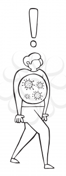 Hand drawn vector illustration of Wuhan corona virus, covid-19. The infected man is walking. White background and black outlines.