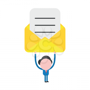 Vector illustration of faceless businessman character holding up open yellow mail envelope with written paper.